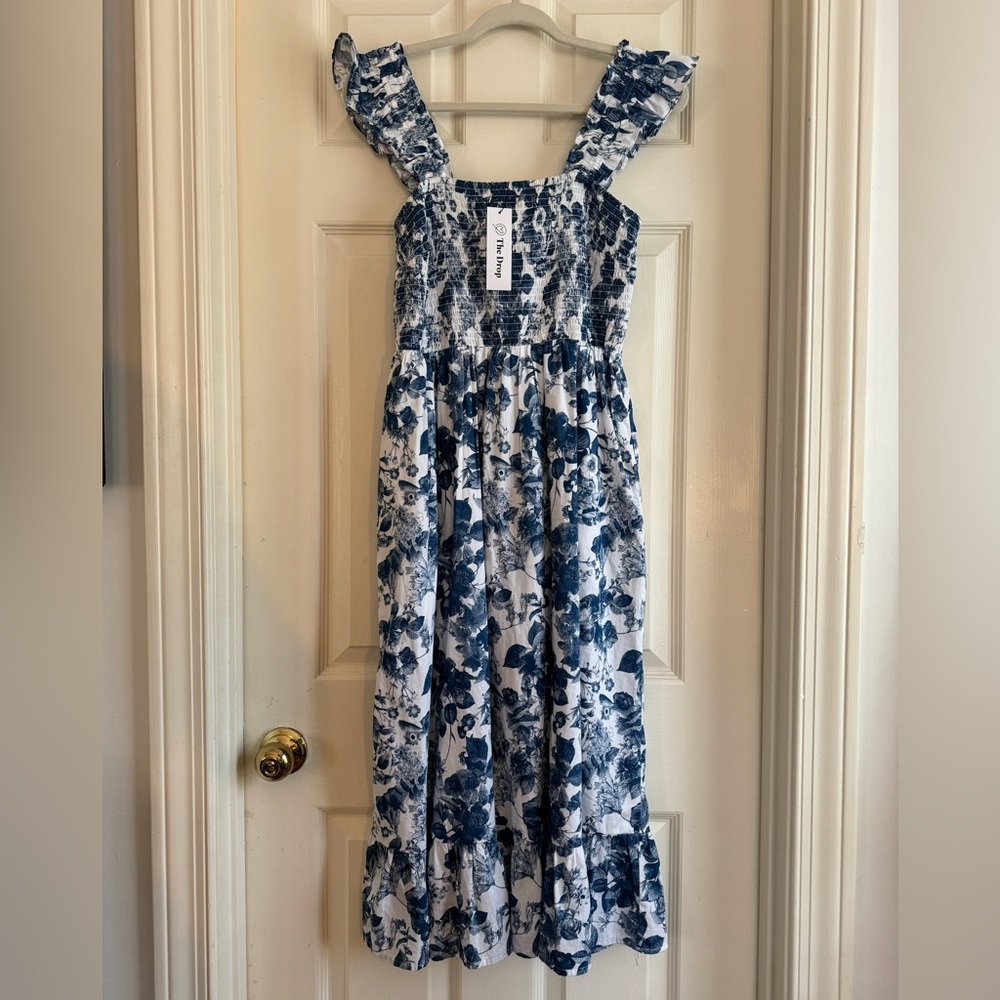 NWT - The Drop Women's Kimi Ruffled-Shoulder Smocked Midi Dress - Picture 2 of 8